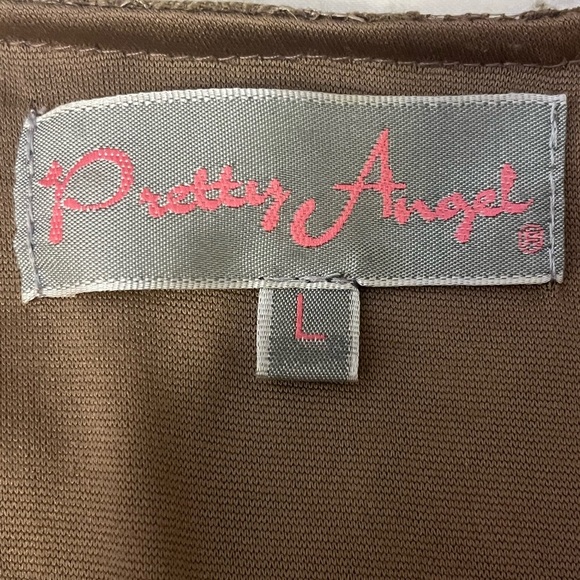 Pretty Angel Elegant Brown Silk Lace Top with White Feather Accents, size L - Picture 7 of 9